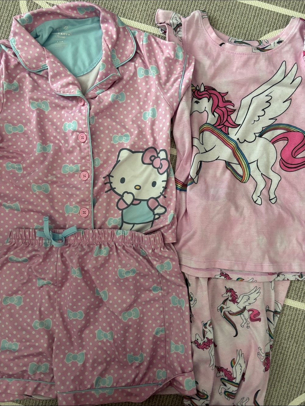 Sanrio Hello Kitty and Pink Unicorn Rainbow 4 piece pajama bundle lot girls 7/8
